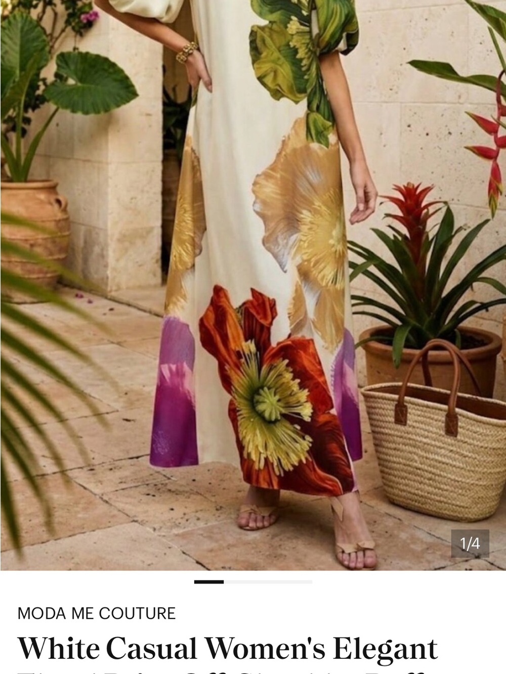White Casual Women's Elegant Floral Print Off-Shoulder Puff Sleeve Dress - Picture 2 of 3